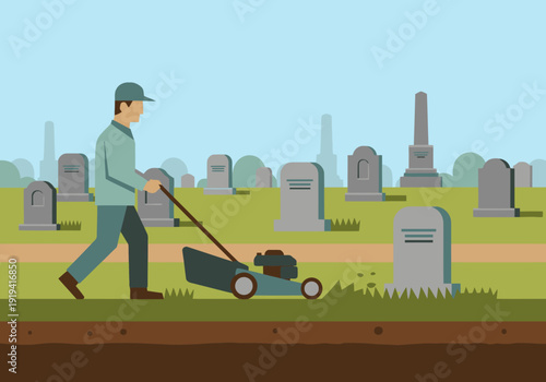 A groundskeeper mows grass in a cemetery, maintaining a neat and serene landscape. Flat vector illustration with a focus on clean lines and a professional aesthetic.