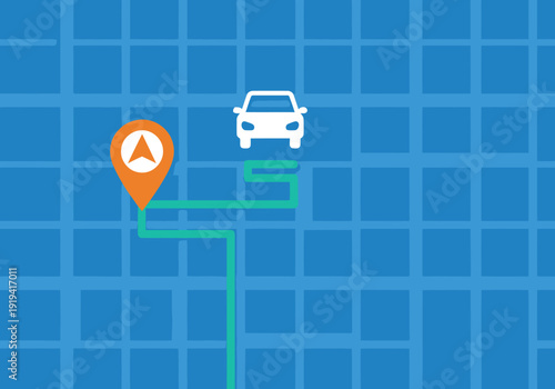 A modern GPS navigation interface displays a car icon with a location marker on a blue grid background. Clean, minimalist design. Ideal for tech, travel, and mapping visuals.