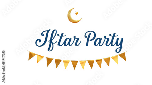 Iftar Party Invitation Elegant Dark Blue Calligraphy with Gold Crescent and Stars Ramadan Celebration isolated on transparent background