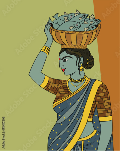 Traditional Madhubani Folk Art - Vibrant Fisherwoman in Village Life – Authentic Indian Tribal Art. Madhubani folk art, Mithila fish painting, Ethnic Indian decor, Traditional village life. Mithila St