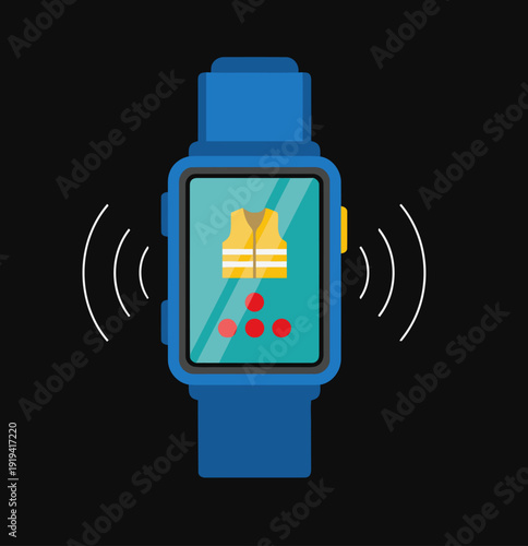 A smartwatch displays a life jacket icon with proximity alerts. Modern, clean design. Ideal for safety and wearable tech visuals.
