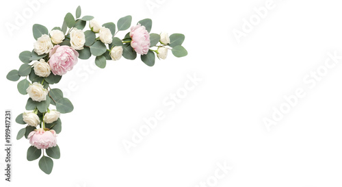 Floral corner arrangement with roses and eucalyptus leaves, isolated on transparent background