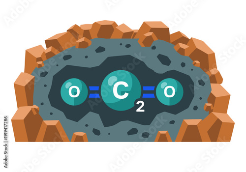 A stylized CO2 molecule trapped within a rock formation.  Bold, graphic design.  Ideal for science, environmental, or educational visuals.