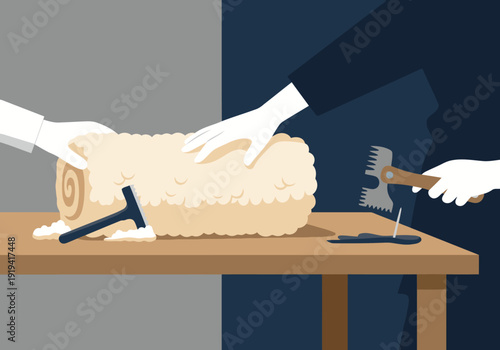 Two professionals carefully handle a wool fleece roll with a mallet and comb on a workbench. Detailed illustration showcasing material processing.