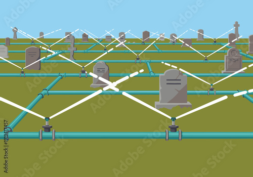 An unusual cemetery irrigation system with sprinklers and pipes. A stylized, vibrant illustration showcasing a unique landscape design. Suitable for various commercial uses.