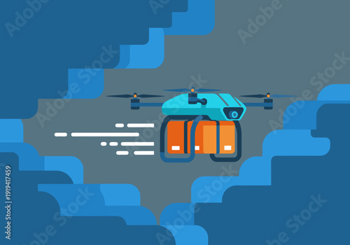 A vibrant drone delivers a package, showcasing futuristic delivery tech. Modern, dynamic illustration for business and technology concepts.