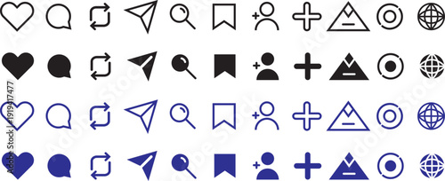 New update Instagram icon set. symbols including home, like, comment, search, user, repost, share, social media interface, flat vector illustration