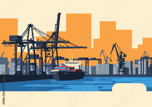 A vibrant illustration depicts a bustling port terminal with cranes and a ship.  Modern, clean design. Ideal for logistics and transportation visuals.