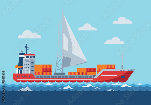 A vibrant wind-wing cargo ship sails across the ocean, loaded with containers. Modern illustration, clean design, perfect for commercial use.