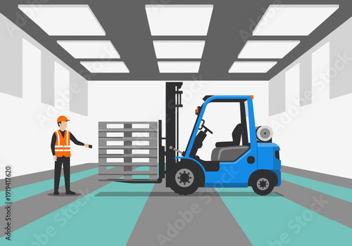 Warehouse spotter guides a forklift with a heavy load. Clear, professional illustration showcasing logistics and safety. Modern, bright, and detailed.