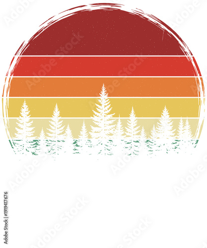 Vintage retro sunset over a pine forest silhouette. Distressed circular sun background with evergreen trees for nature-themed t-shirts, posters, and outdoor apparel.