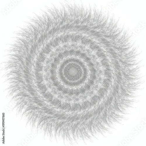 Abstract white and grey spiral fractal pattern. Circular texture of soft fibrous strands on white background. Minimalist monochrome design