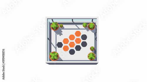 City balcony with honeycomb design. Potted plants adorn this city balcony with honeycomb layout, creating modern green space. Perfect city balcony with honeycomb graphic for urban planning,