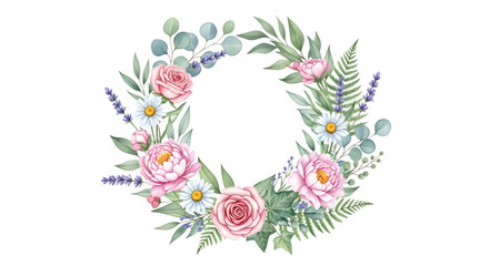 Watercolor floral wreath with pink roses, peonies, daisies, lavender, and eucalyptus leaves for a romantic, natural feel.