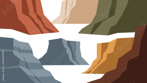 Abstract Canyon Landscape with Geometric Rock Formations and Water