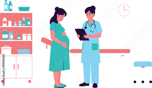  Pregnant woman in medical clinic consulting with female doctor, prenatal checkup, maternal healthcare, obstetrician examining patient with clipboard, vector illustration