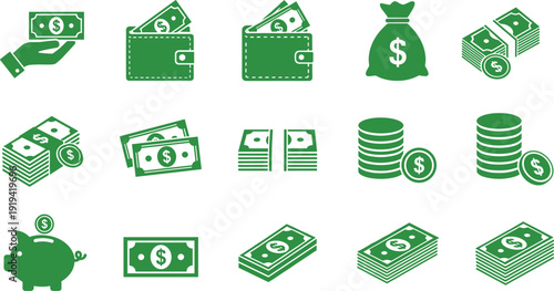 Money finance banking cash wallet savings piggy bank coin stack dollar currency payment investment icon set green vector illustration