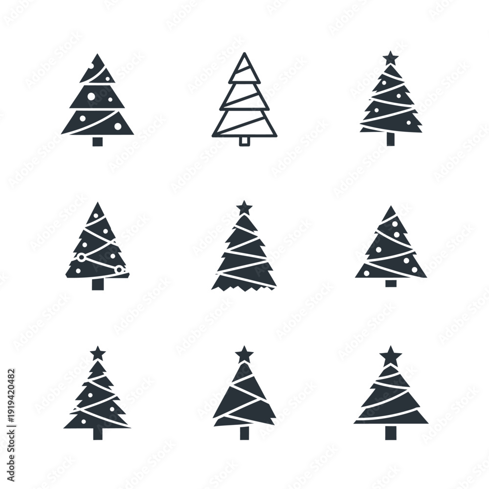 Obraz premium Christmas Tree Icons Set: Festive Holiday Decorations and Winter Symbols
