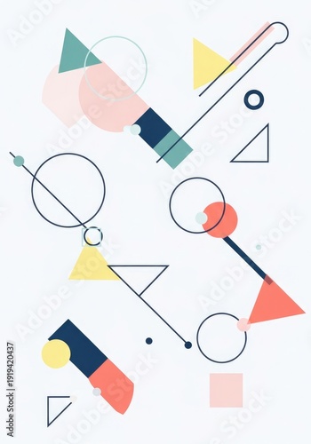 Modern abstract geometric composition with pastel color shapes clean lines circles triangles and squares on a white background minimalist design concept for graphic resources