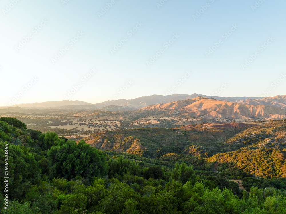 Obraz premium Green forest hills meeting dry desert mountains at sunset in warm golden light panoramic landscape photograph.