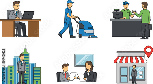 Professional Occupations and Services Illustration Set with Business and Worker Characters