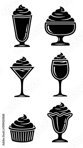 Collection of Dessert Icons: Ice Cream, Sundae, Cupcake, and Milkshake Silhouettes