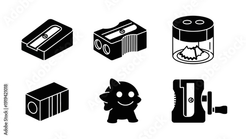 Collection of Pencil Sharpeners and a Cute Cartoon Character Icon