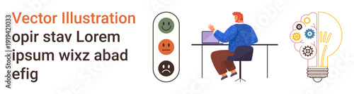 Productivity, innovation, emotive decision-making, brainstorming, professional work, teamwork. Person working at desk near mood icons and light bulb. Productivity and innovation concepts