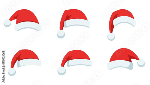 Collection of Red Santa Hats with White Fur Trim and Pom-Pom, Isolated on White Background
