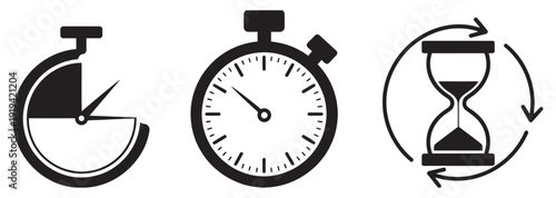 Stopwatch and hourglass icon set, minimal design, time tracking, productivity, cyclical time, scheduling, vector concept