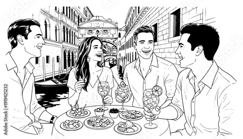 Candid Friends Enjoying Italian Aperitivo by Venice Canal, Authentic European Travel and Local Culture