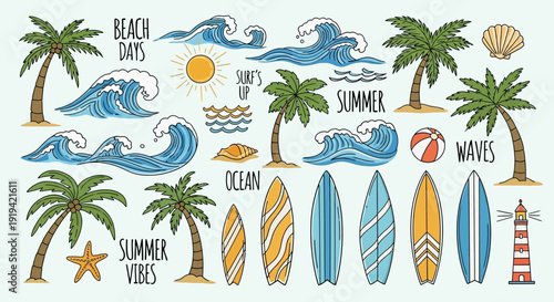 Vibrant Summer Beach and Ocean Elements Set Illustration on Light Blue Background