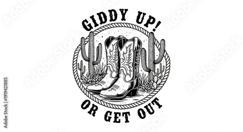 Vintage Cowboy Boots Illustration with Cactus Rope Frame and Giddy Up Or Get Out Text on Isolated White Background