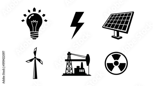 Energy Sources Icons: Lightbulb, Lightning, Solar Panel, Wind Turbine, Oil Pump, Nuclear Symbol