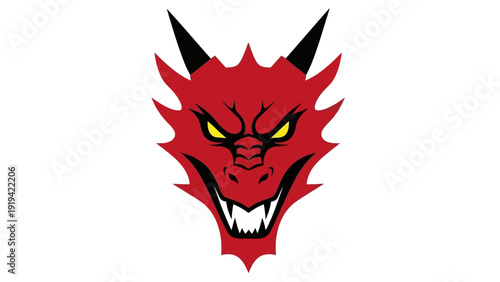 Fierce Red Dragon Head Mascot with Sharp Teeth and Yellow Eyes