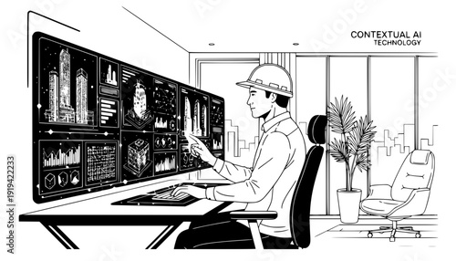 Architect Working with Futuristic Holographic Interface in Modern Home Office, Contextual AI Technology