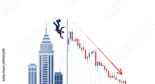 A businessman is falling from the top of a skyscraper, depicted alongside a sharply declining stock market graph with a red arrow.