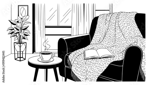 Cozy Moment with Warm Tea and Wool Blanket in Minimalist Interior, Wellness and Slow Living Concept