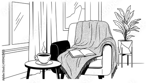 Cozy Moment with Warm Tea and Wool Blanket in Minimalist Interior, Wellness and Slow Living Concept