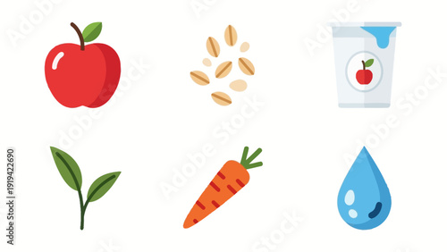 Healthy Food Icons: Apple, Oats, Yogurt, Greens, Carrot, Water Drop - Balanced Diet Concept