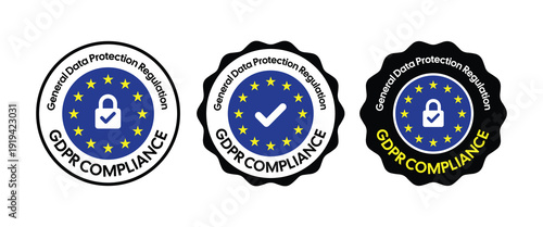 GDPR Compliance Badge Set with EU Stars and Padlock Icon – General Data Protection Regulation Seal Collection for Website Security and Data Privacy Certification