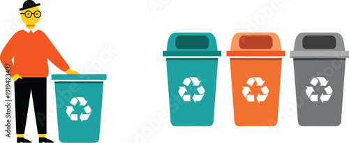 Waste Recycling Bins Illustration with Person Sorting Garbage