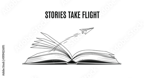Vector illustration of paper airplane taking flight from open book, symbolizing imagination and creativity.