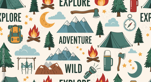 Outdoor Adventure and Camping Seamless Pattern with Nature Elements on a Light Cream Background