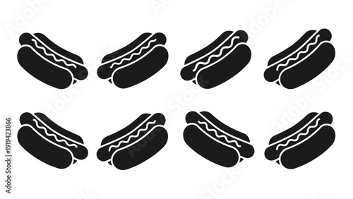 Seamless Pattern of Black Hot Dogs in Buns with White Mustard