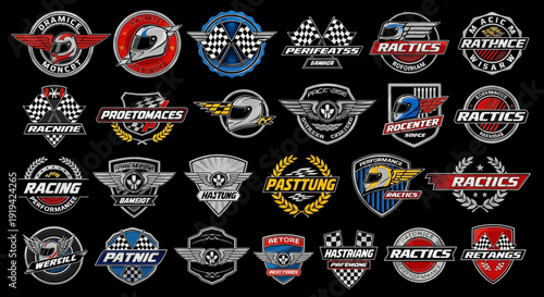 Large collection of vintage racing and automotive performance badges and emblems featuring checkered flags, helmets, and speed elements, ideal for a competitive theme on a black background.