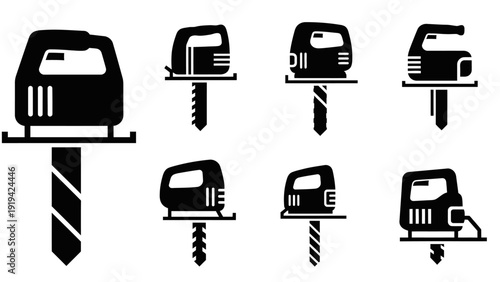 Set of Black Icons: Jigsaws and Drill Bits, Tools for Construction and DIY