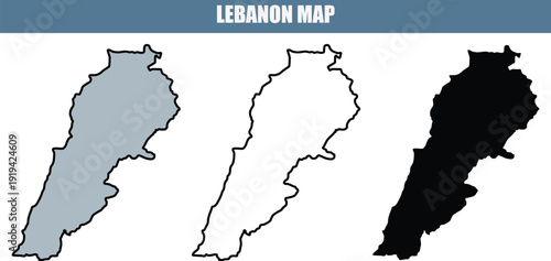 Vector illustrations of Lebanon map in three styles, gray, black and white outline, and solid black.