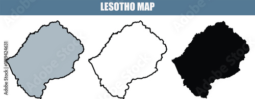 Lesotho map in three styles, gray, white, and black, for geographic and educational purposes.