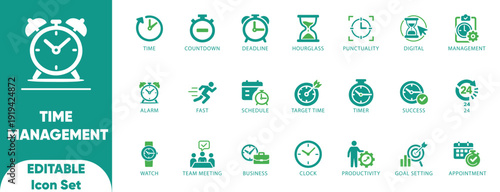 Time Management Solid icon set. task, calendar, delegation, planner, reminder, timer, to-do list, time, workflow, and vector icons.